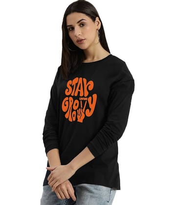 Leotude Women Cotton Blend Printed Oversized Fit Round Neck T-Shirt ( Black )