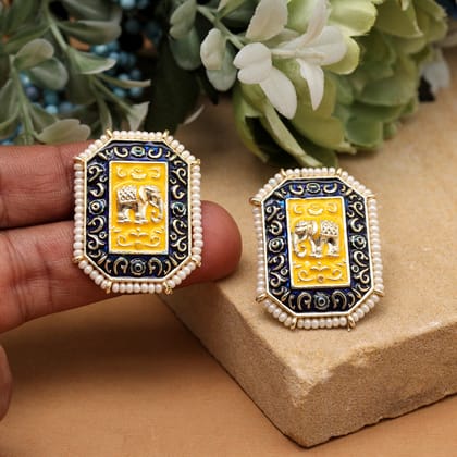 Blue Color Meenakari Earrings-Earring Length: 3.50 CM x Width: 2.50 CM / Blue / Alloy With Good Quality Gold Plated