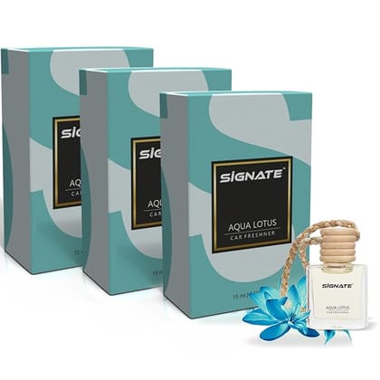 Signate Car Perfume with Natural Fragrance Essential Oils | Car Air Fresheners Long Lasting Upto 90 Days | Hanging Pod in Glass Bottle with Wooden Diffuser Lid  15ML (Aqua Lotus Air) (Pack of 3)
