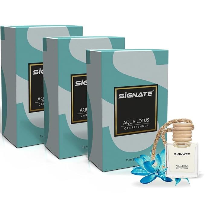 Signate Car Perfume with Natural Fragrance Essential Oils | Car Air Fresheners Long Lasting Upto 90 Days | Hanging Pod in Glass Bottle with Wooden Diffuser Lid  15ML (Aqua Lotus Air) (Pack of 3)