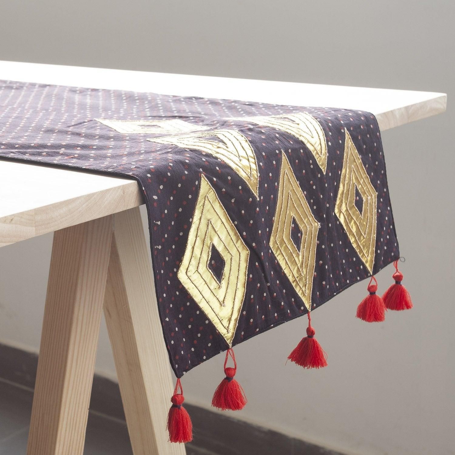 Ajrakh Table Runner-12inches x 60inches / Black Beige & Gold / 100% Cotton
