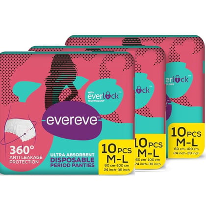 EverEve Ultra Absorbent Disposable Period Panties,M-L,3X10's Pack,0% Leaks,Sanitary Protection For Women&Girls,Maternity Delivery Pad,360Protection,Postpartum&Overnight Use,Heavy Flow Pack Of 30
