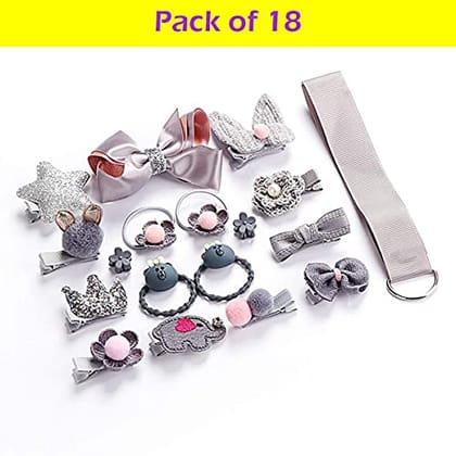 Aliza Set of 18 Pcs Fancy Head wear Accessories For Baby Girls/Toddlers Children's Suit Girls Baby Hair Clips Small Safety Clip Princess Hairpin Baby Hair Accessories Gift Box (Grey)