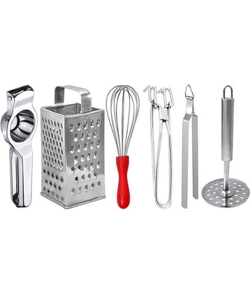 OC9 Silver Stainless Steel Lemon Squezer,8in1Grater,Whisk,Pakad,Chimta,Masher ( Set of 6 )