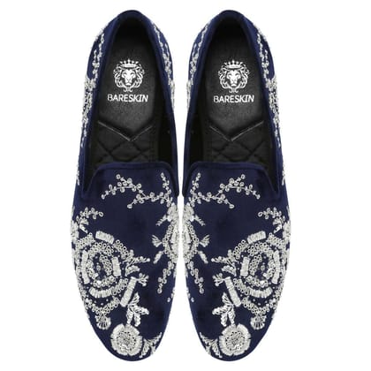 Blue Velvet Slip-On Shoes with Silver Zardosi Embroidery-40/6