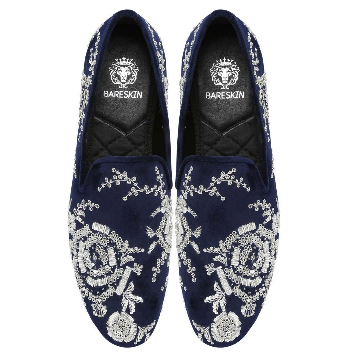 Blue Velvet Slip-On Shoes with Silver Zardosi Embroidery-40/6
