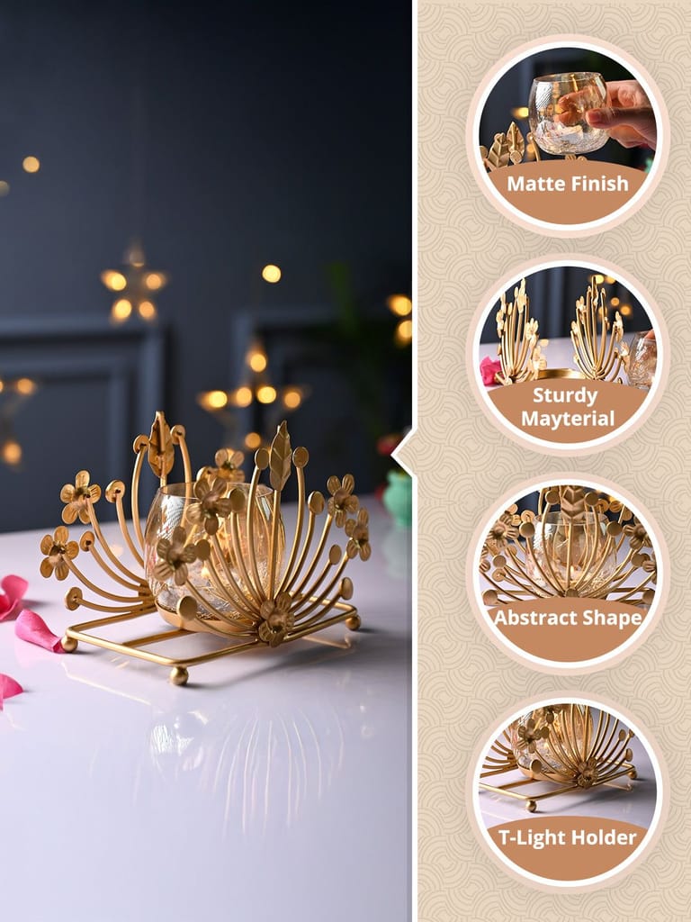 Elegant Gold Metal Flower Tealight Candle Holder with Glass Votive