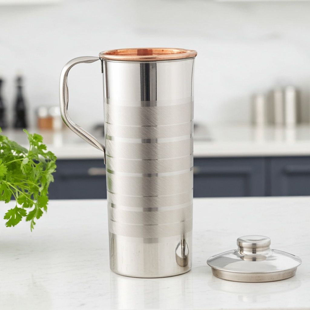 Copper & Steel Water Jug – 900 ml | Compact Dining Table Pitcher, Height : 9.5 Inch (BCMAS102 D)