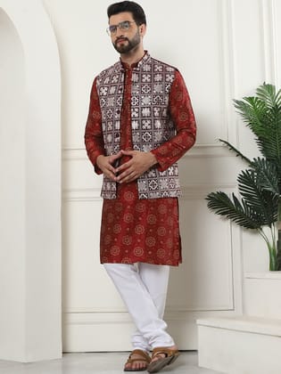 Men's Silk Blend Printed Maroon Kurta and Cream Pyjama With Embroidered Maroon Nehru Jacket-36