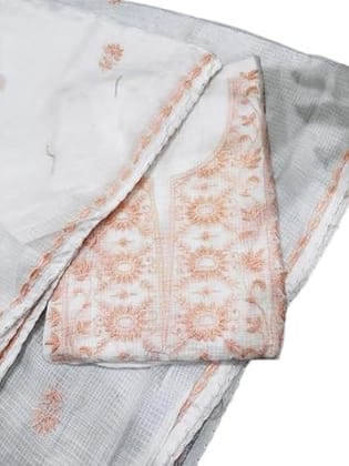 Kota Doria Unstitched Suit Fabric, White with Peach Floral Embroidery, Handcrafted Traditional Design