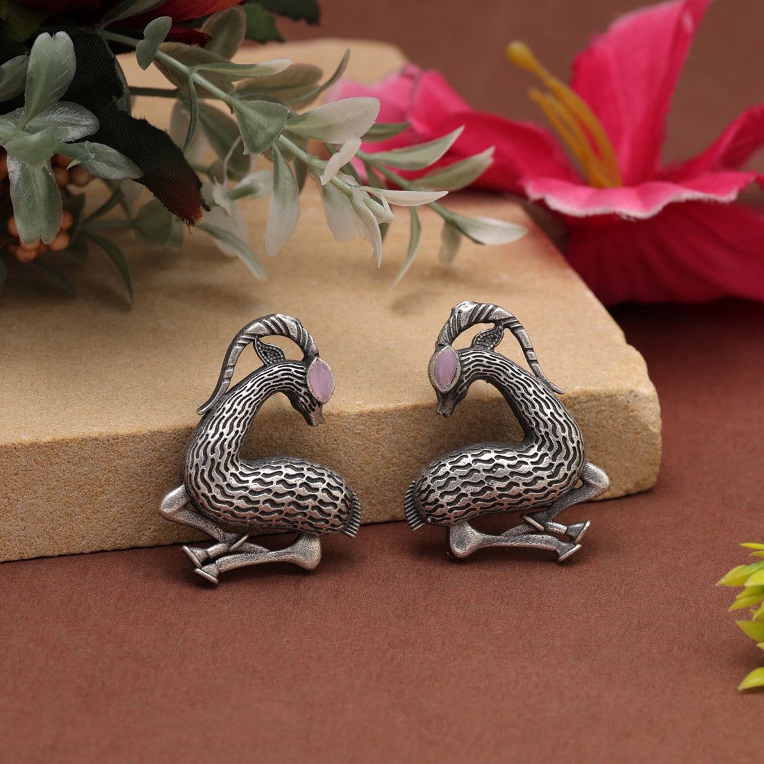Pink Color Oxidised Earrings-Earring Length: 3.50 CM x Width: 2.50 CM / Pink / Brass With Good Quality Silver Plated