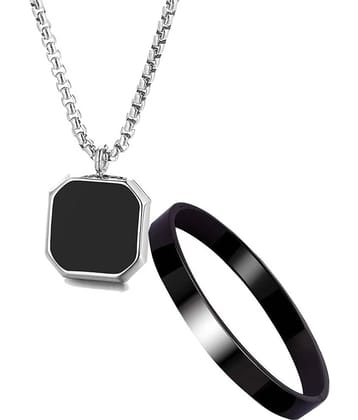 Fashion Frill Silver Chain For Men Stainless Steel Square Silver Chain Pendant with Black Kada Bracelet For Men Boys Stylish Mens Jewellery