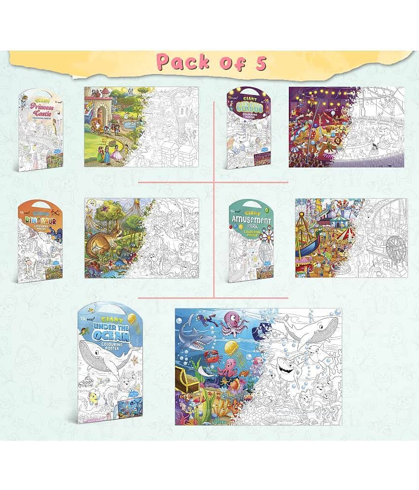 GIANT PRINCESS CASTLE COLOURING POSTER, GIANT CIRCUS COLOURING POSTER, GIANT DINOSAUR COLOURING POSTER, GIANT AMUSEMENT PARK COLOURING POSTER and GIANT UNDER THE OCEAN COLOURING POSTER | Combo of 5 Posters I Coloring poster sets for children
