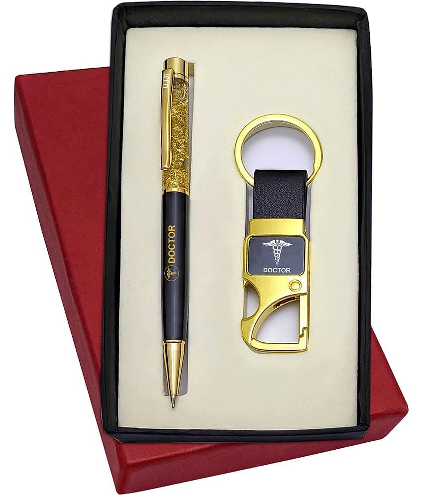UJJi Doctor Logo Printed Golden Gel Filled Brass Body Ball Pen & Hook Keychain