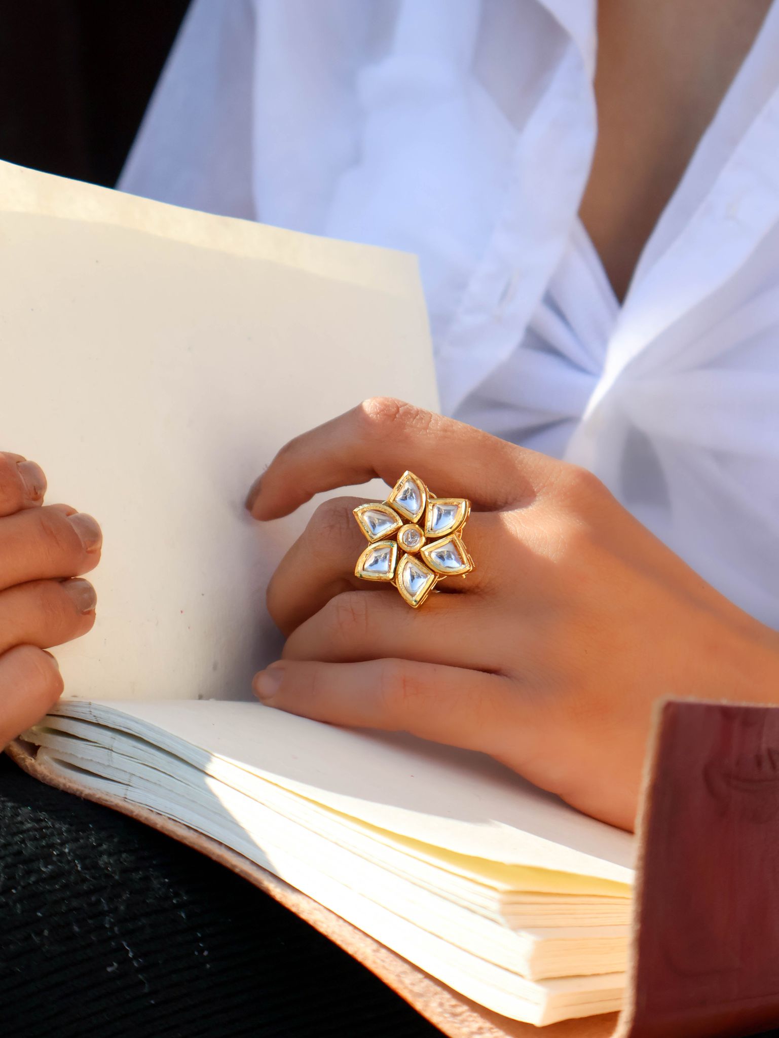 Shiza Floral Kundan Ring-Gold