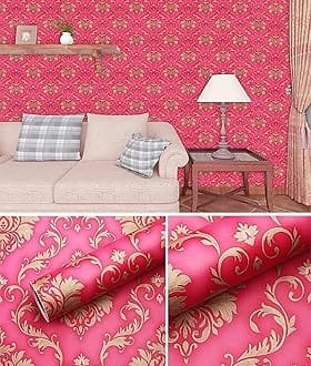 Eurotex Damask Design Wallpaper 17.71 X 118 Self-Adhesive Removable Peel and Stick Decorative Wall Covering (PVC, Size 45cm X 3Mtr Roll 14.5 Sqft, Red Gold Color)