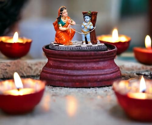 Damodar Leela Maa Yashoda Binding Krishna Idol Five Point Five Inches Multicolour Resin Showpiece for Temple and Decor