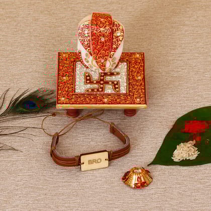 Designer Leather Bracelet BRO Rakhi with Ridhi Sidhi Marble chowki and Roli Tikka Matki