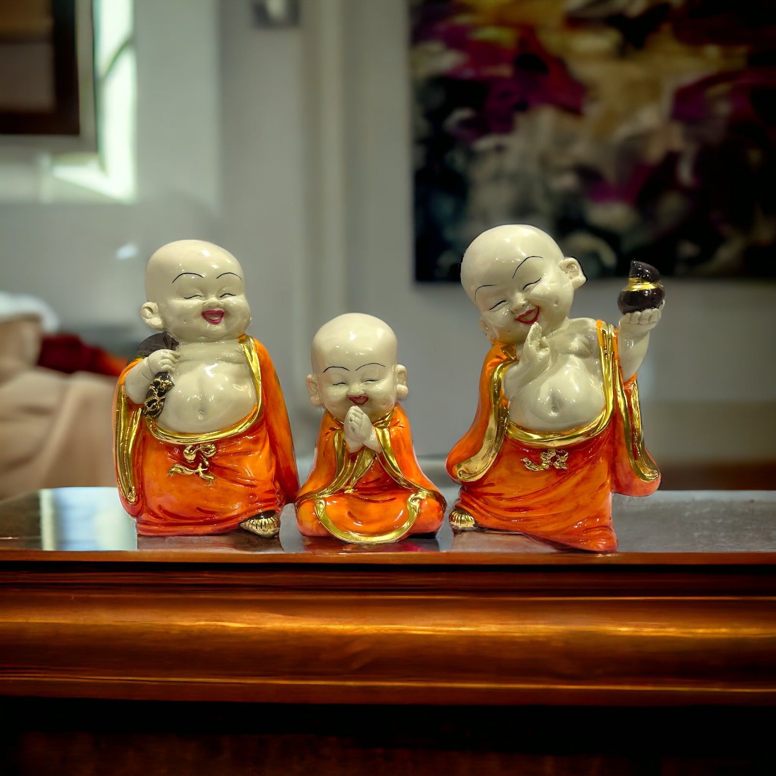 Polyresin Set of 3 Baby Buddha Monk Figurine H- 22 cm-Poly Resin