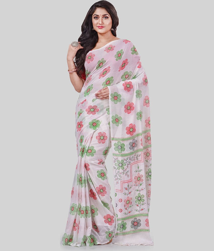 Desh Bidesh Cotton Printed Saree With Unstitched Blouse Piece ( White )