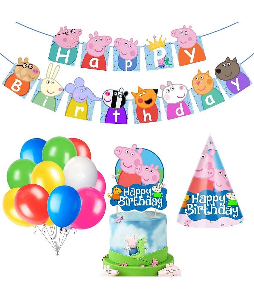 Zyozi Peppa Pig Birthday Party Supplies Include Happy Birthday Banner, Pepaa Pig Cake Topper, Balloons, Birthday Cap, Pig Party Supplies for Kids (Pack of 28)