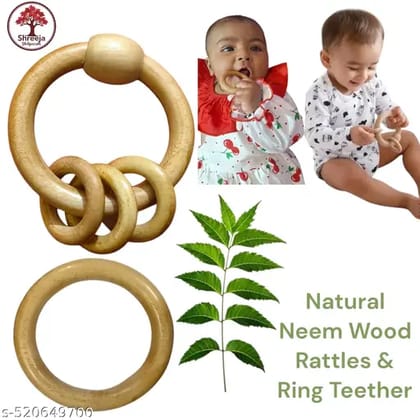 Traditional Neem Wood Baby Teether & Rattle Perfect for Teething Relie Traditional Neem Wood Baby Teether & Rattle Perfect for Teething Relie
