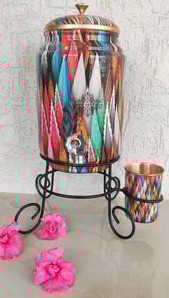 Indian Art Villa Pure Copper Colorful Spikes Printed Design Water Pot Heavy Gauge with Brass Tap & Copper Glass & Stand | Serveware | Drinkware | 5 Litres