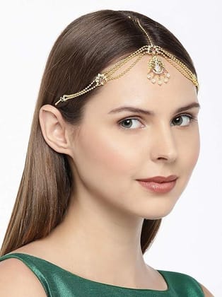 American Diamond & Ruby Green Gold Plated Mathapatti Tika