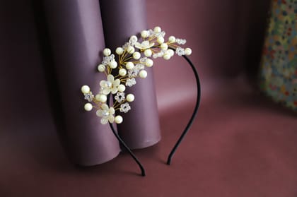 Handmade Pearl and Crystal Floral Hairband  Elegant Gold