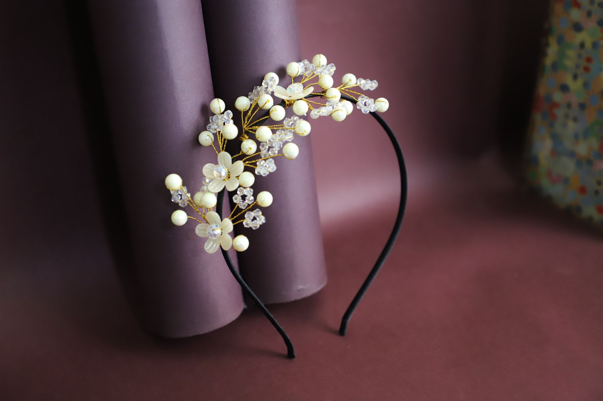 Handmade Pearl and Crystal Floral Hairband Elegant Gold