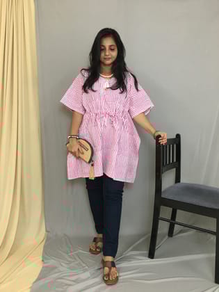 Short Kaftan - Pink Stripes - Pure Cotton  - Trendy Short Kaftan Tops-Normal