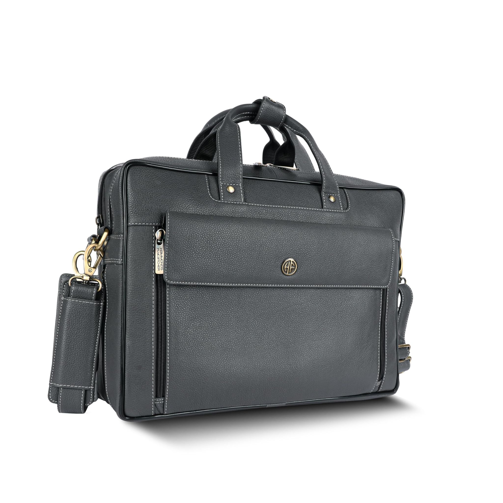 HAMMONDS FLYCATCHER Genuine Leather Office Bag for Men, 15.6" Professional Leather Laptop Bag for Men for Office, Travel, Daily Use, Adjustable Strap & Multi Compartments - 1 Year Warranty - Grey HAMMONDS FLYCATCHER Genuine Leather Office Bag for Men, 15