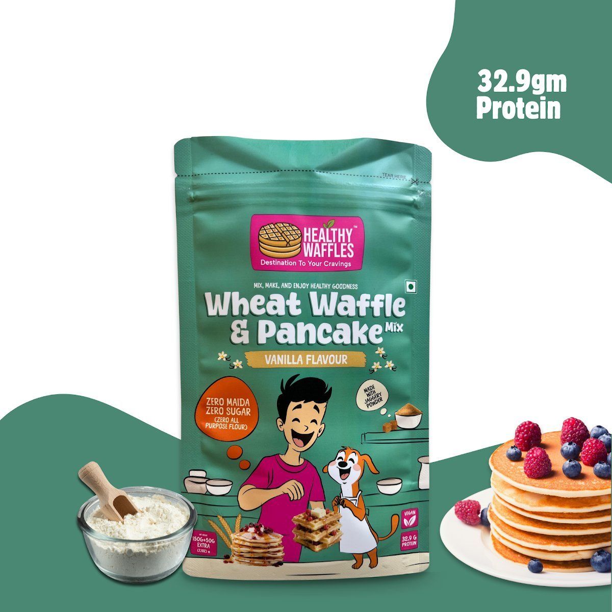 Healthy Waffles Wheat Waffle & Pancake Mix (200g) | Vanilla Flavour | Zero Maida & Sugar | Quick Breakfast
