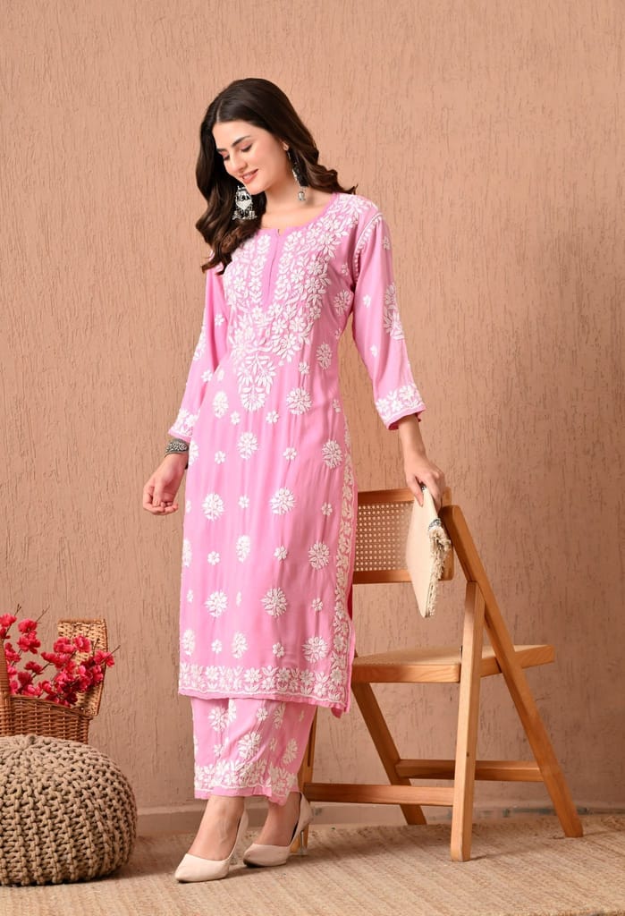 Hand Embroidered Chikankari Plazo Set 3d Work- Pink