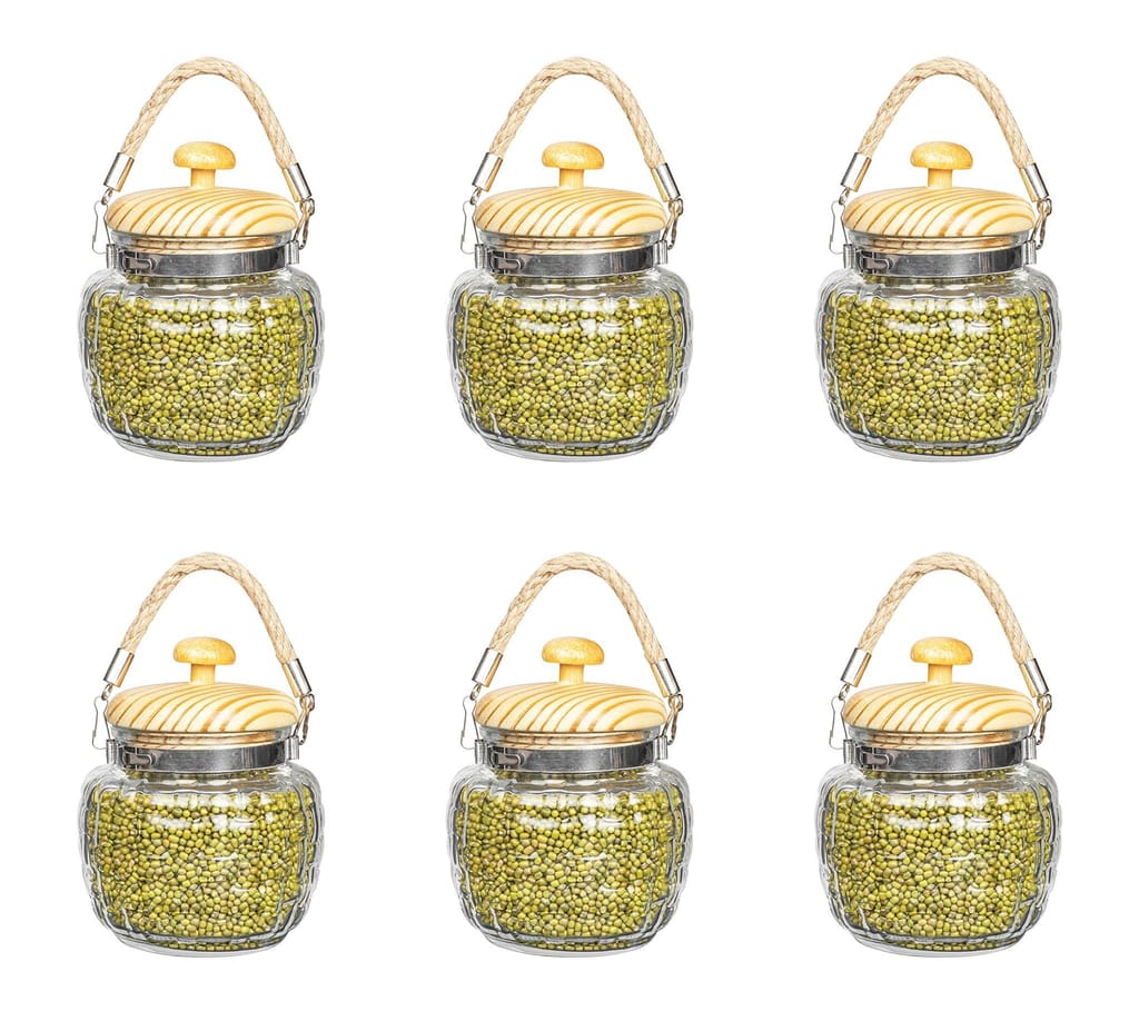 Femora Glass Kitchen Storage Jar with Bamboo Lid, 500 ML, (1/2-Ltr) Set of 6, Free Replacement of Lids