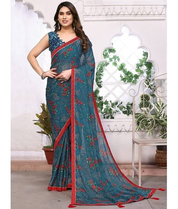 BLEESBURY Chiffon Printed Saree With Unstitched Blouse Piece ( Teal )