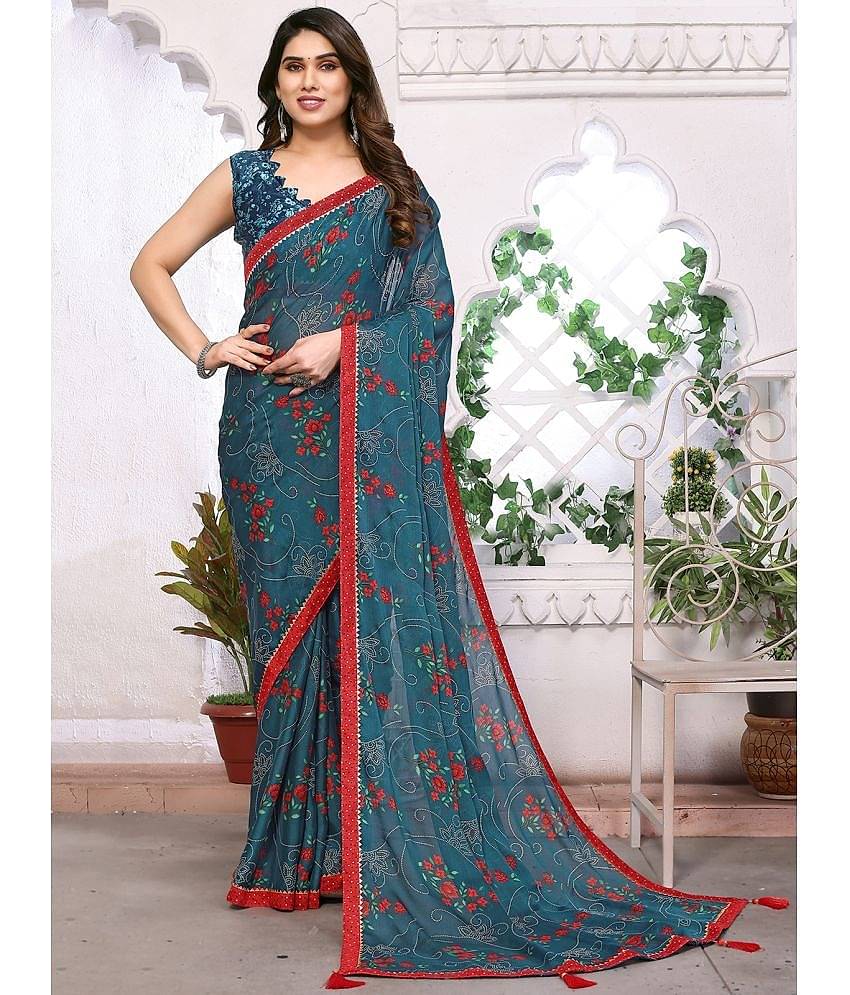 BLEESBURY Chiffon Printed Saree With Unstitched Blouse Piece ( Teal )