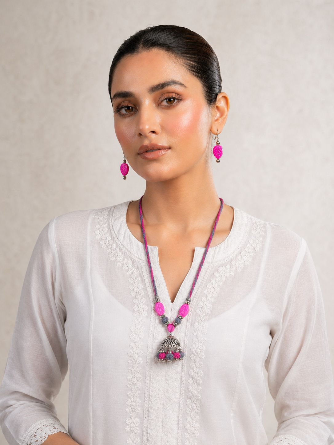 Pink Grey Thread Jhumka Jewellery Set