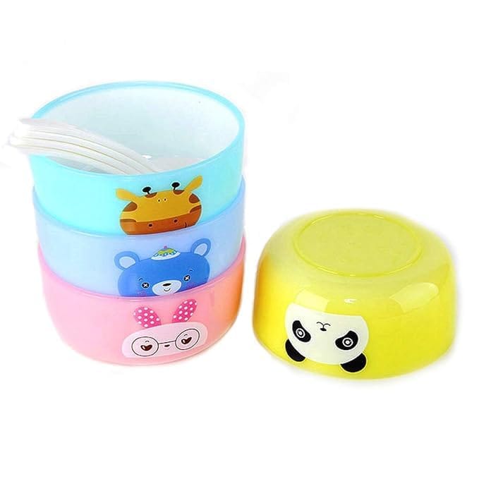 Little Station Animal Print Plastic Bowl Set with Spoon for Birthday Return Gift, Set of 4, Multicolour