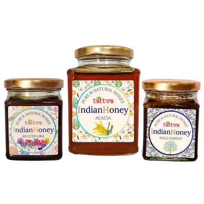IndianHoney Rajasthan Acacia Honey, Wild Forest Honey, & Himalayan Multiflora Triple Combo Pack (500gm + 2x230gm) IndianHoney Rajasthan Acacia Honey, Wild Forest Honey, & Himalayan Multiflora Triple Combo Pack (500gm + 2x230gm)