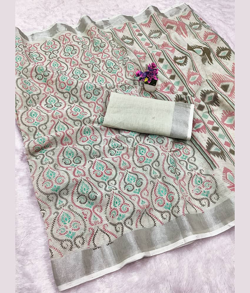 HEMA SILK MILLS Linen Printed Regular Saree With Unstitched Blouse Piece ( Multicolor )