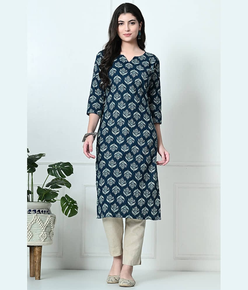 AMTHI 100% Cotton Printed Straight Women's Kurti - Teal ( Pack of 1 )