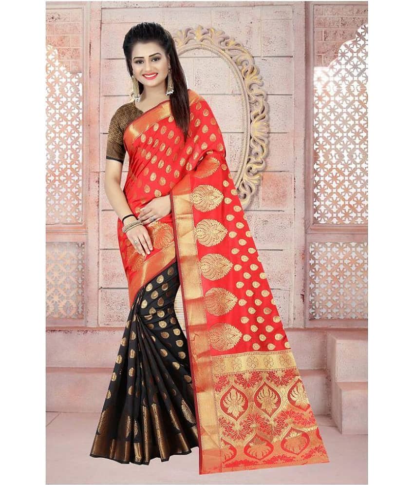 Gazal Fashions Banarasi Silk Printed Saree With Unstitched Blouse Piece ( Multicolor )