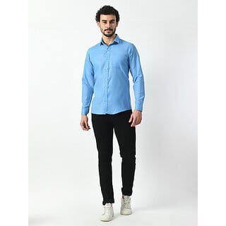 Alokk Men Regular Fit Solid Curved Collar Casual Shirt (Blue)