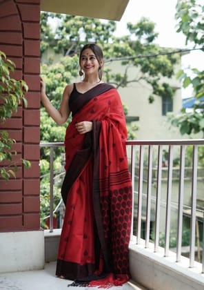 Pure Linen Cotton Digital Printed Saree with Handmade Zalar  PHPL 232