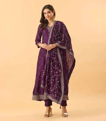 Intricate Gold Floral Embroidered Violet Anarkali Set-L / Violet