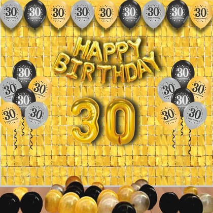 The Magic Balloons- Happy 30th Birthday decoration kit combo- 46 pcs Black Gold & silver 30 pcs rubber balloons, Happy Birthday foil banner, 2pcs Golden foil Curtain