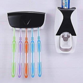 Style ur Home Toothpaste Dispenser with Wall Mount Toothbrush Holder Toothpaste Squeezer with 5 Set Toothbrush Holders