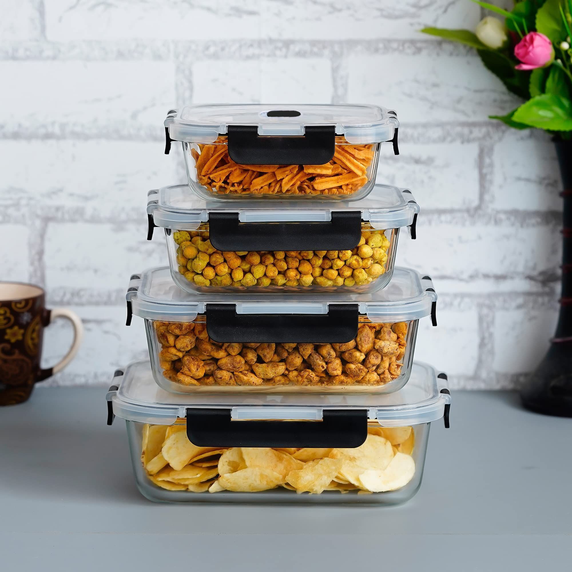 Femora Borosilicate Glass Microwave Safe Square Food Storage Container with Air Vent Lid, 300 m.l, 500 ml, 800 ml, 1200 ml (Set of 4)