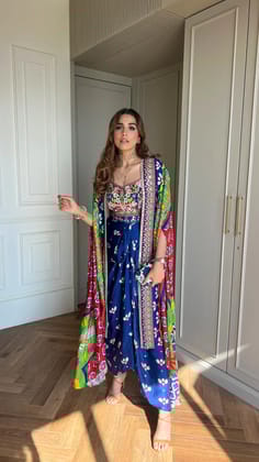 Embelished Indica Dhoti Skirt Paired With Embriodered Bralette & Cape-XS